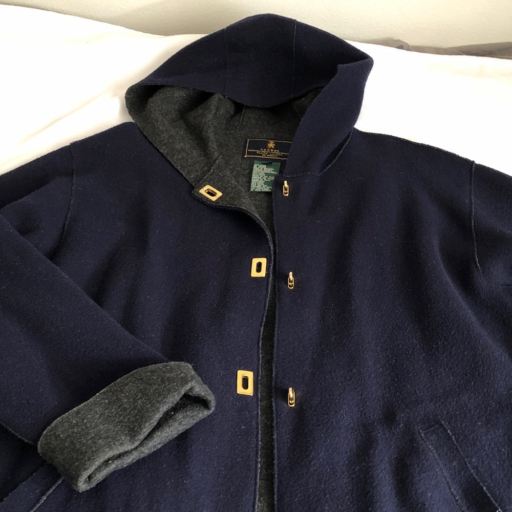 Lauren Ralph Lauren Navy and Gray Hooded Wool Coat with Gold Accents